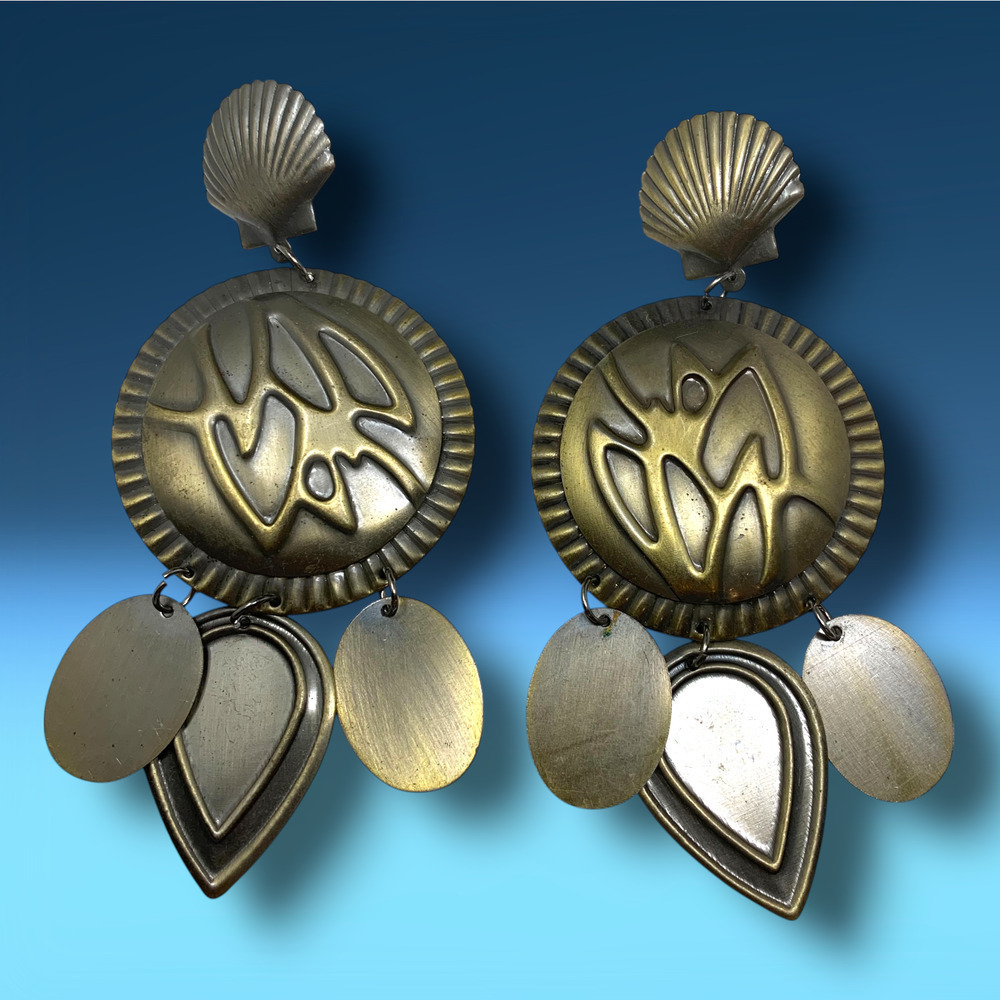 Vintage 1980s Oversized Bronze Tone Dangle Earrings Pierced Avant Garde Eclectic
